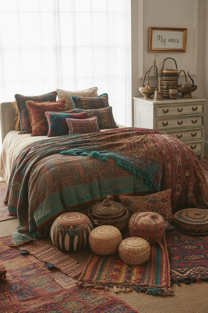 Global-inspired decor in a maximalist bedroom, featuring Indian textiles for a worldly touch