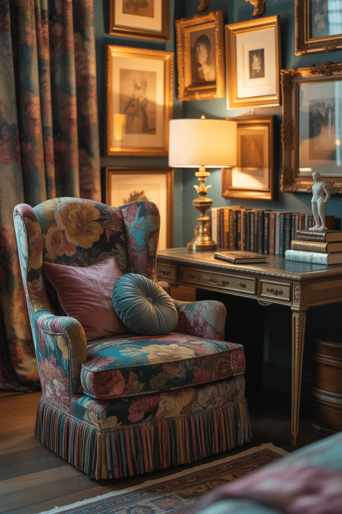 Colorful clutter in a maximalist bedroom, with eclectic decor items and vibrant textiles adding personality and charm to the space