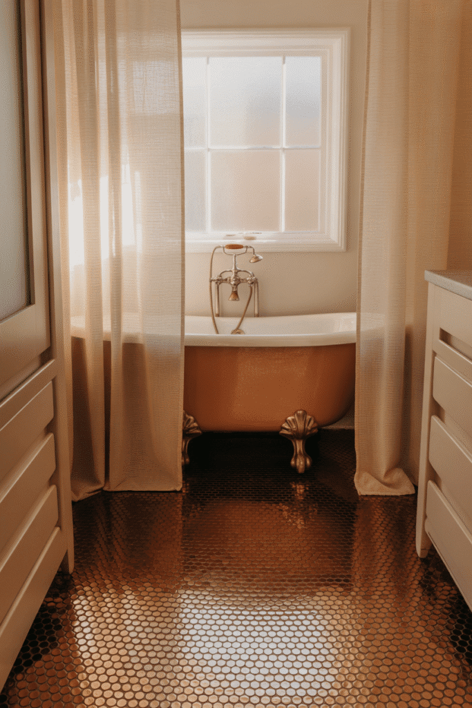 Penny tiles add playful, vintage charm to a small bathroom floor.