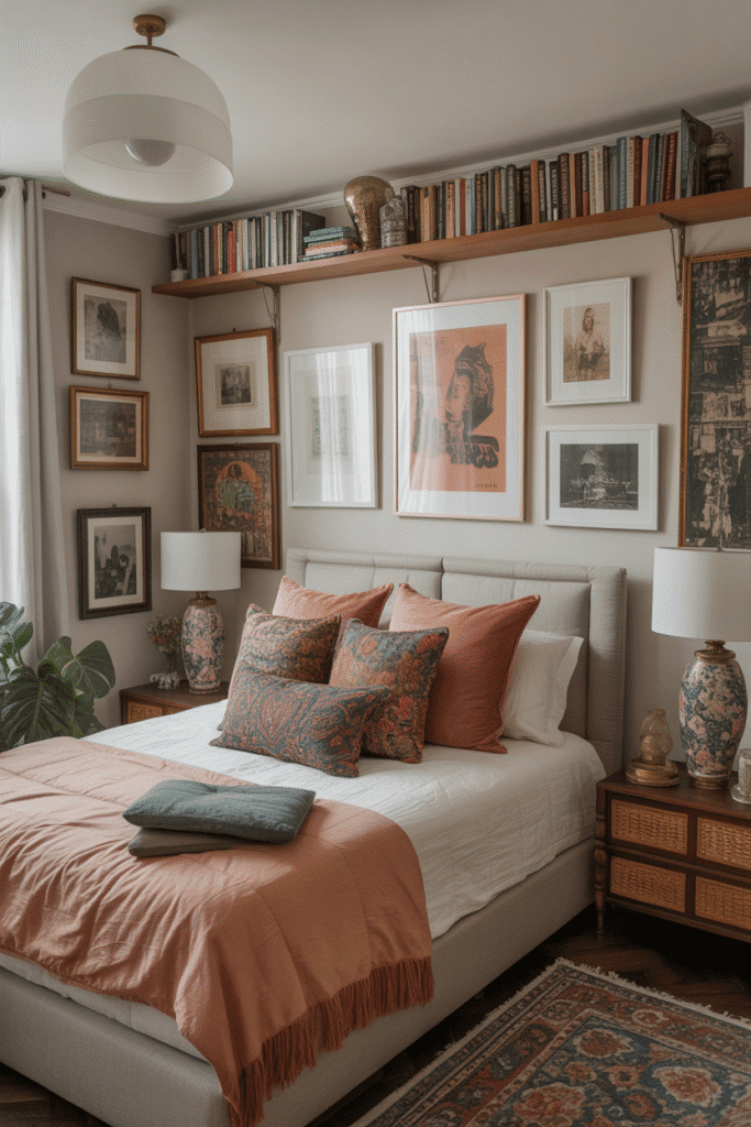Colorful clutter in a maximalist bedroom, with eclectic decor items and vibrant textiles adding personality and charm to the space