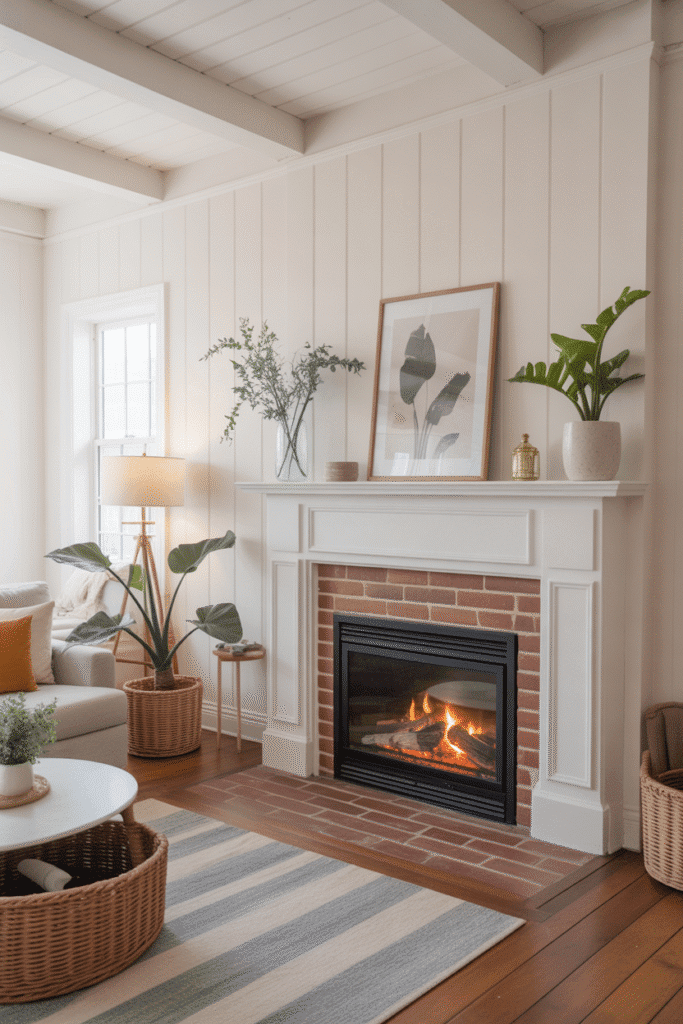 Classic white board and batten fireplace in a bright modern farmhouse living room.