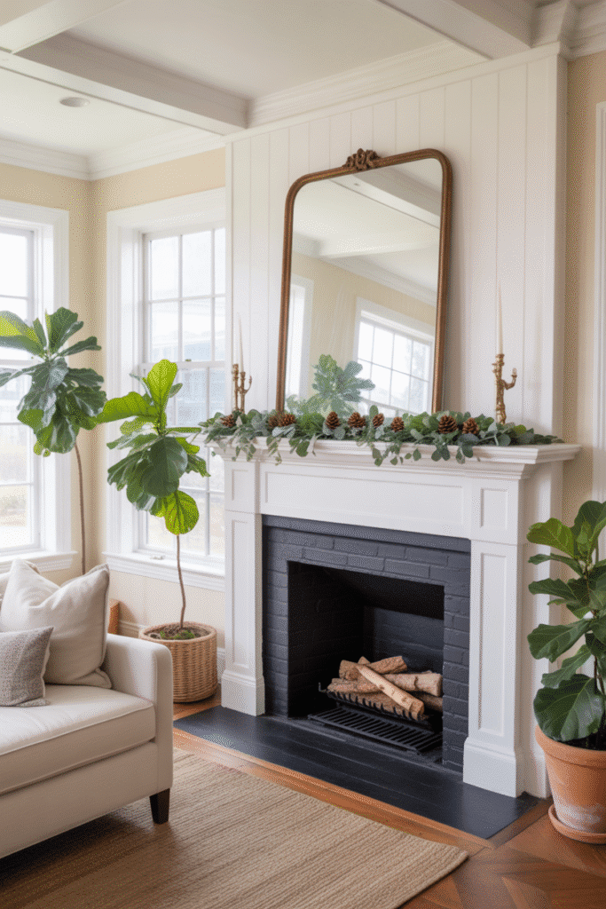 Classic white board and batten fireplace in a bright modern farmhouse living room.