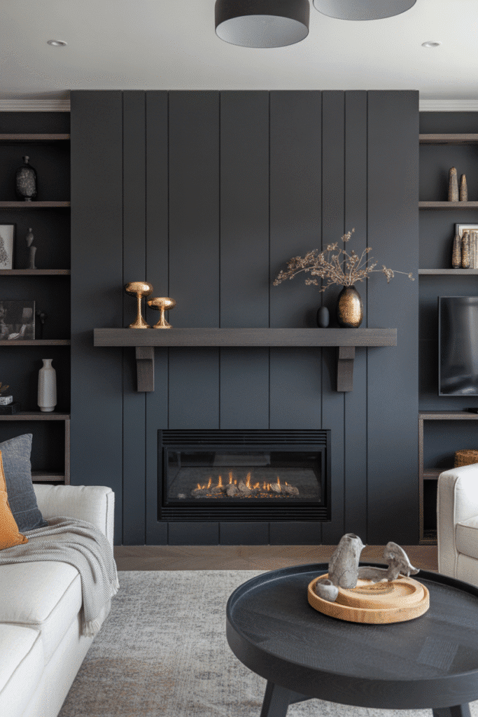 Charcoal board and batten fireplace wall creating a bold modern focal point.