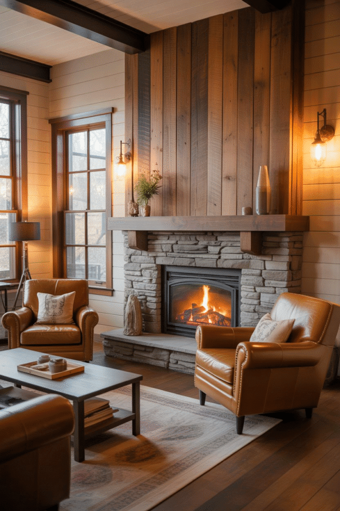 Rustic stained wood board and batten fireplace with stone hearth in a cozy cabin.