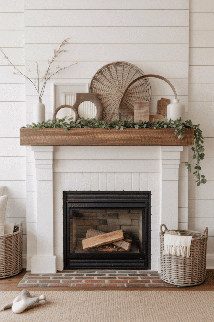 Farmhouse board and batten fireplace with reclaimed mantel and vintage accents.