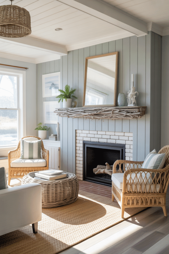 Blue-gray board and batten fireplace with driftwood mantel in a coastal living room.