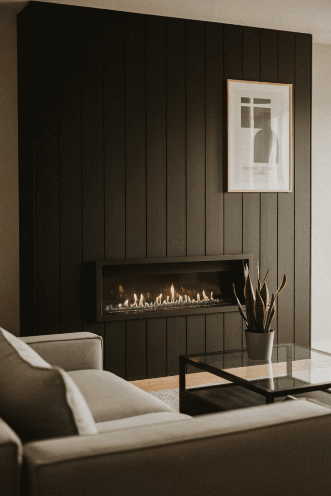 Modern black board and batten fireplace with slim vertical battens.