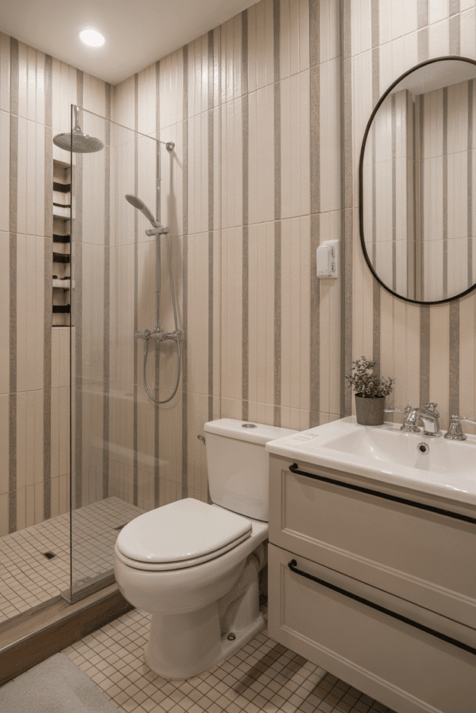 Vertical plank tiles visually elongate small bathroom walls and add warmth.