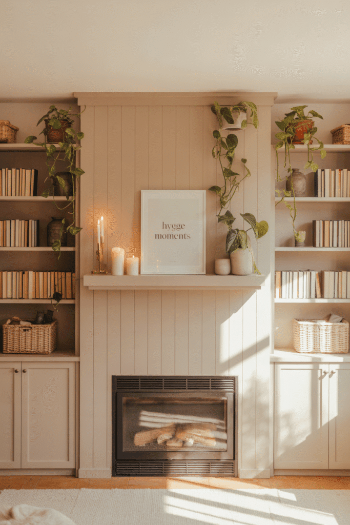 Board and batten fireplace with symmetrical built-in shelves and storage.