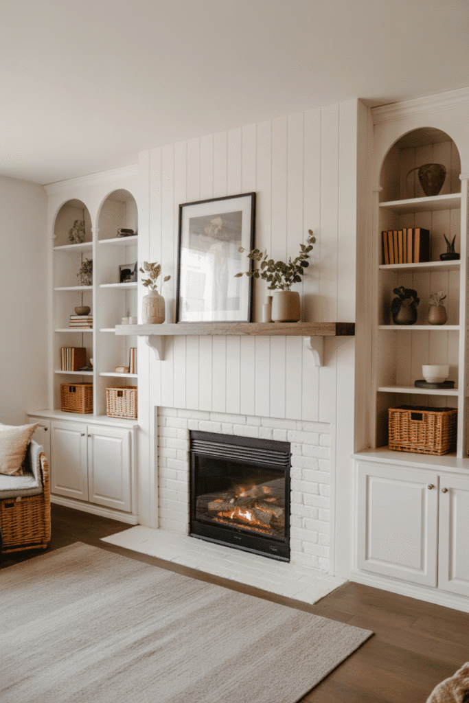 Board and batten fireplace with symmetrical built-in shelves and storage.