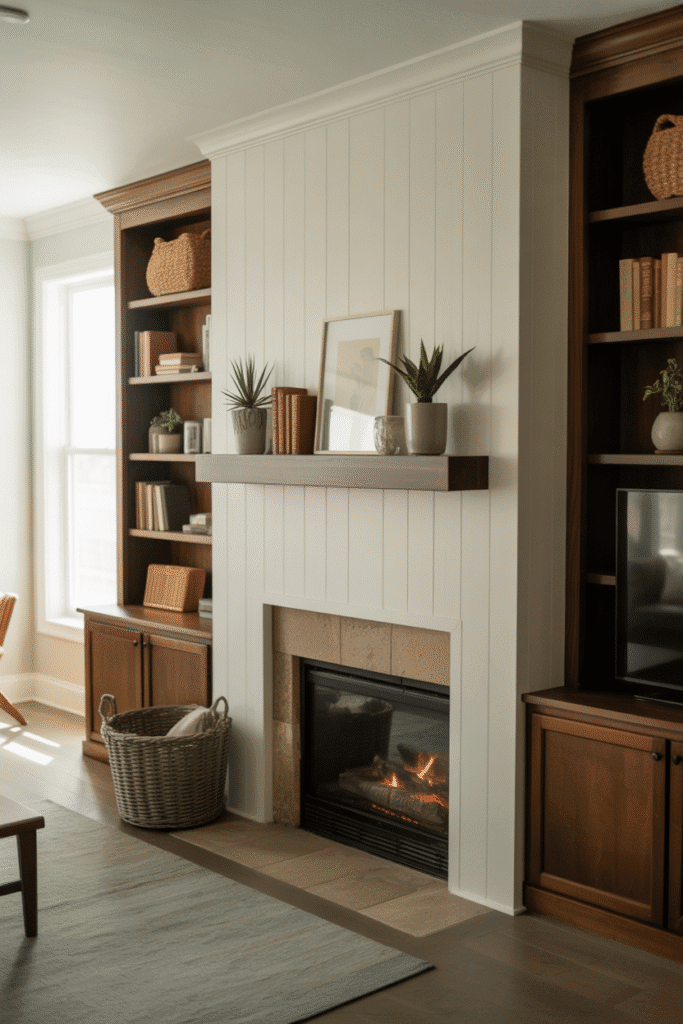 Board and batten fireplace with symmetrical built-in shelves and storage.
