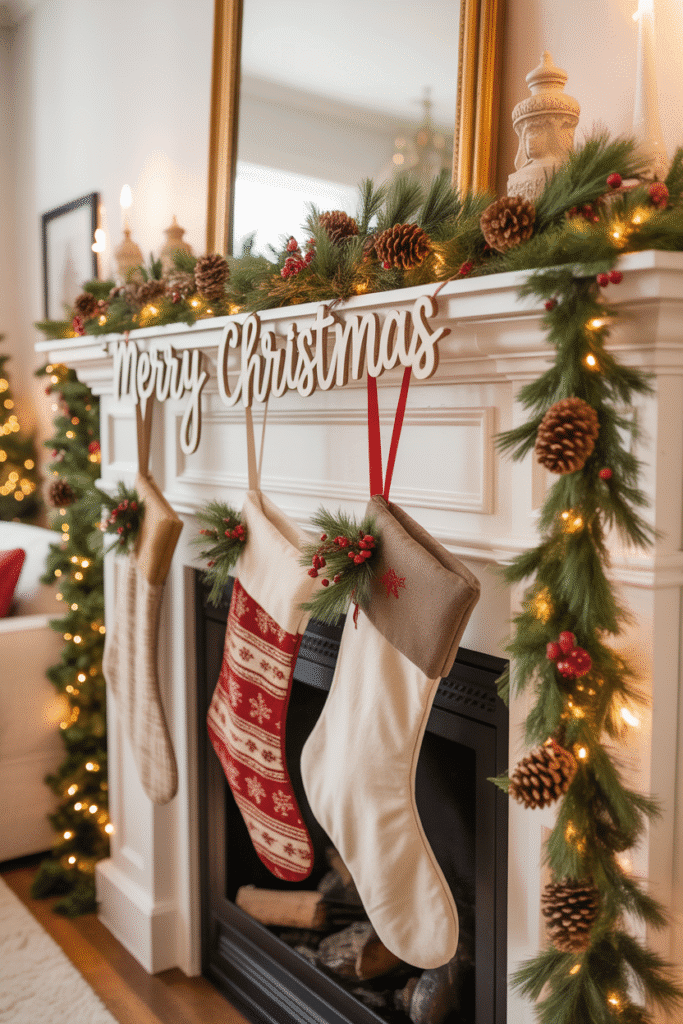 Seasonally decorated board and batten fireplace with Christmas garland and stockings.