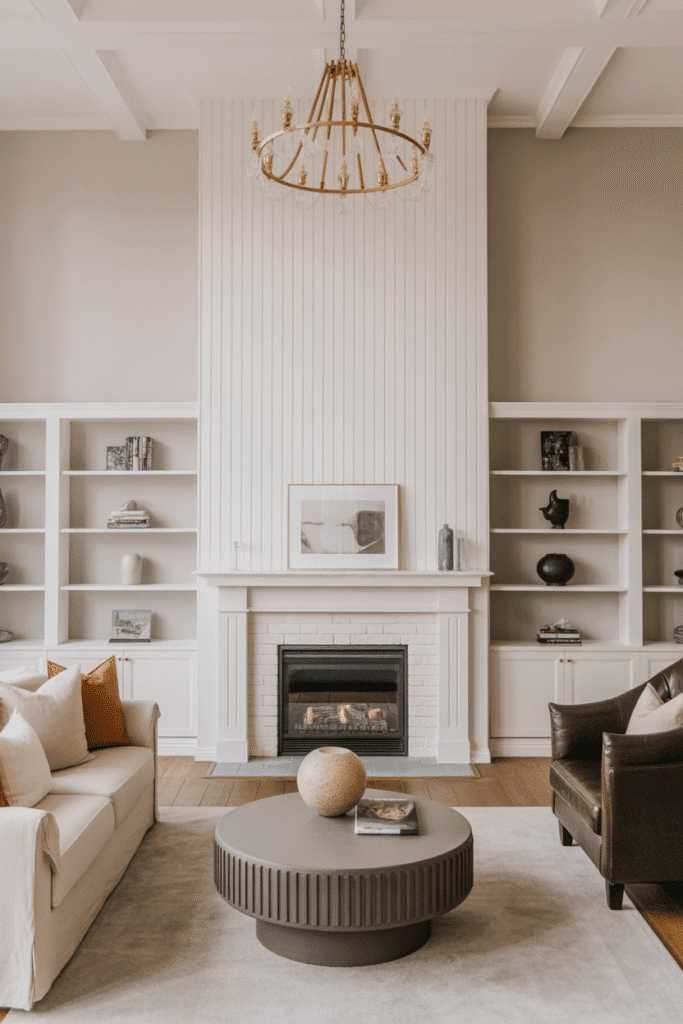 Floor-to-ceiling white board and batten fireplace wall for dramatic height.