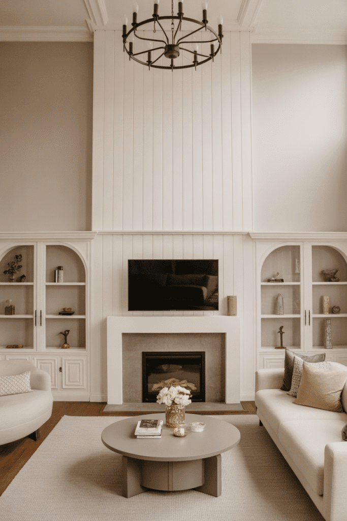 Floor-to-ceiling white board and batten fireplace wall for dramatic height.