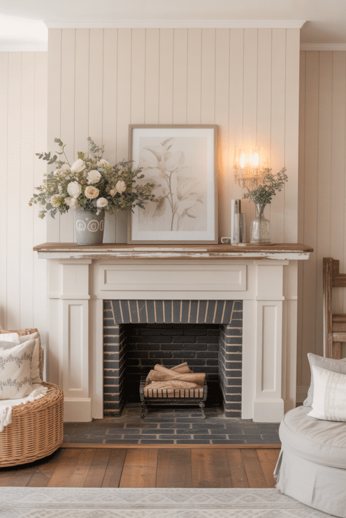 Cream board and batten fireplace with distressed mantel in cozy cottage decor.