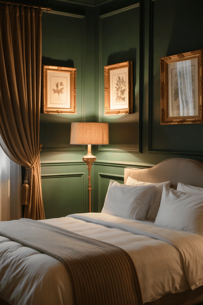 Brass and gold accents add warmth and luxury to a dark green bedroom palette.
