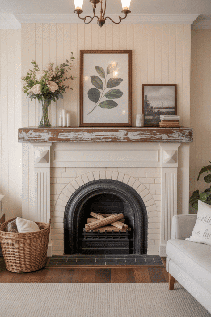 Cream board and batten fireplace with distressed mantel in cozy cottage decor.
