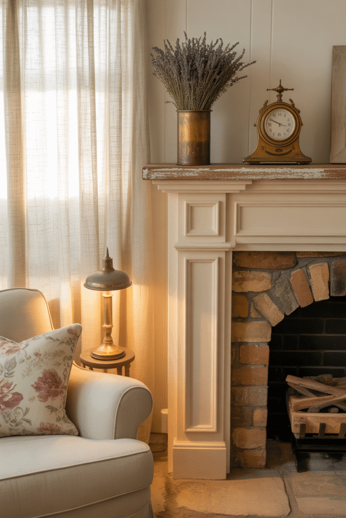 Cream board and batten fireplace with distressed mantel in cozy cottage decor.