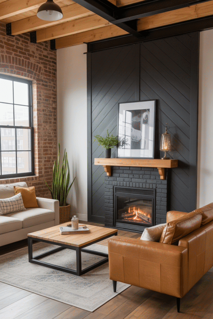 Industrial black board and batten fireplace with brick and metal details.