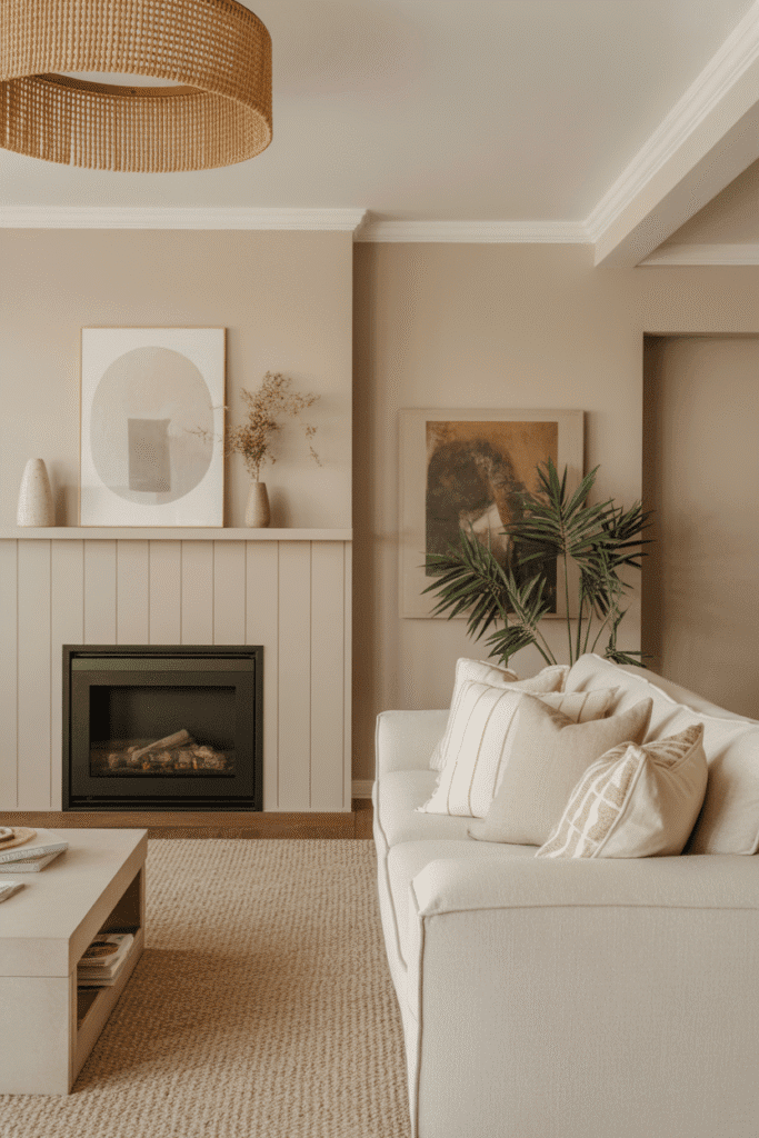 Beige board and batten fireplace with layered neutral textures.