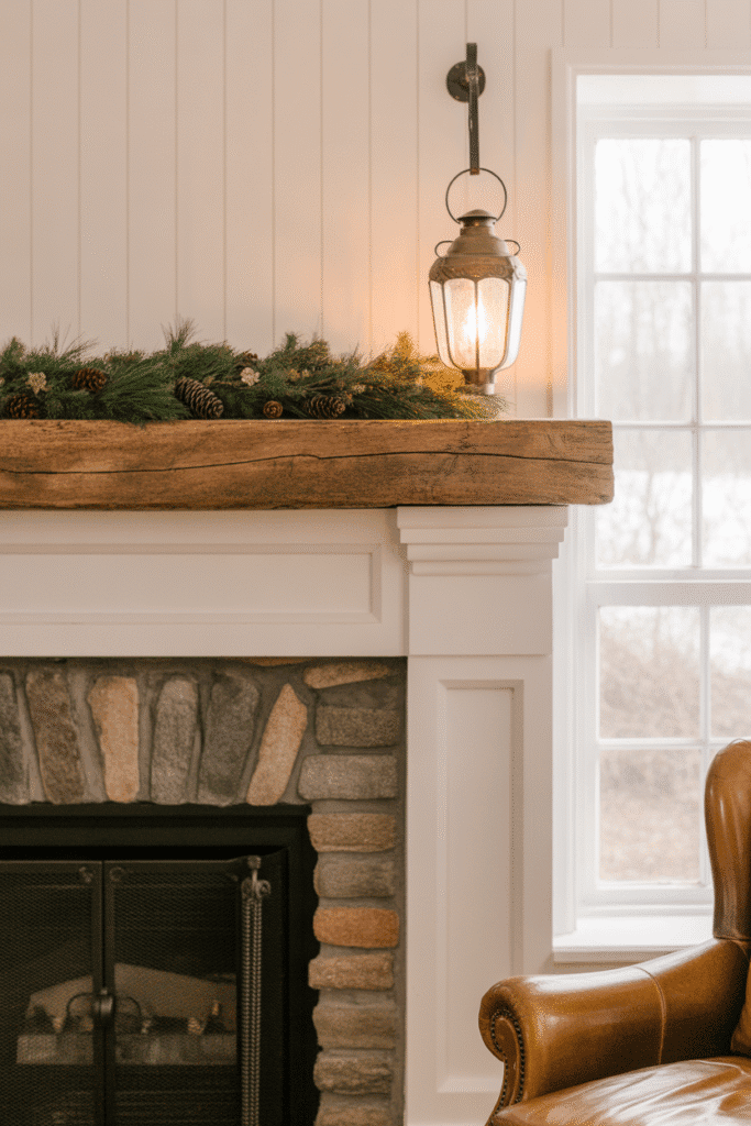 Stone and board and batten fireplace combination with rustic mantel.