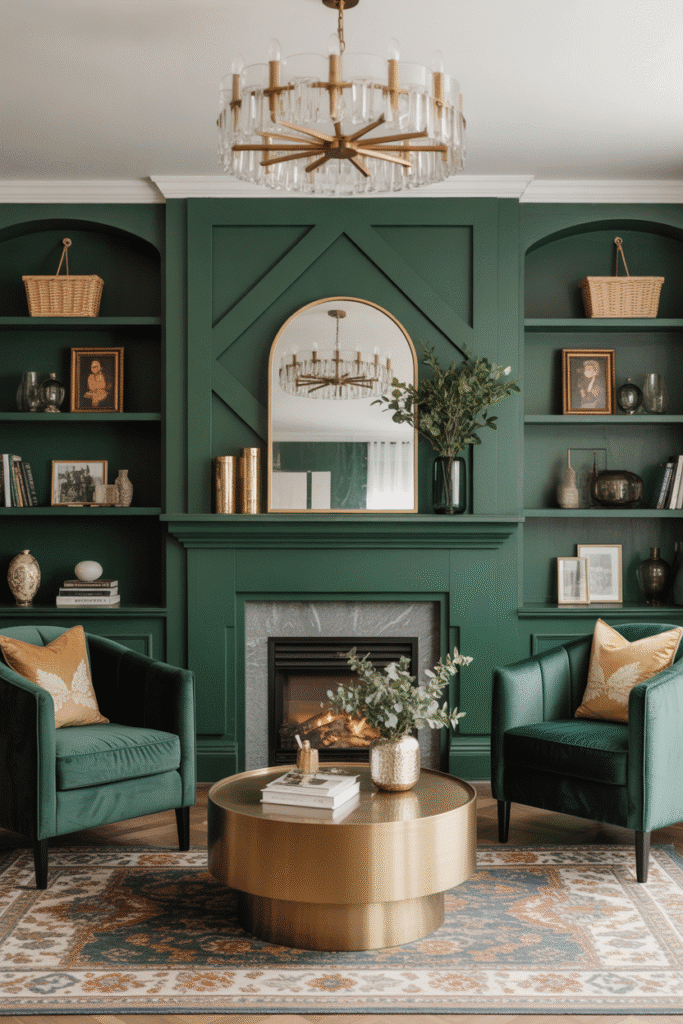 Emerald green board and batten fireplace with bold modern accents.