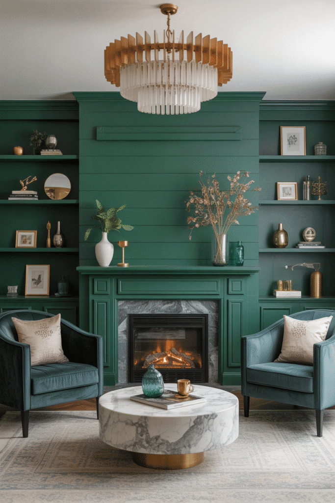 Emerald green board and batten fireplace with bold modern accents.