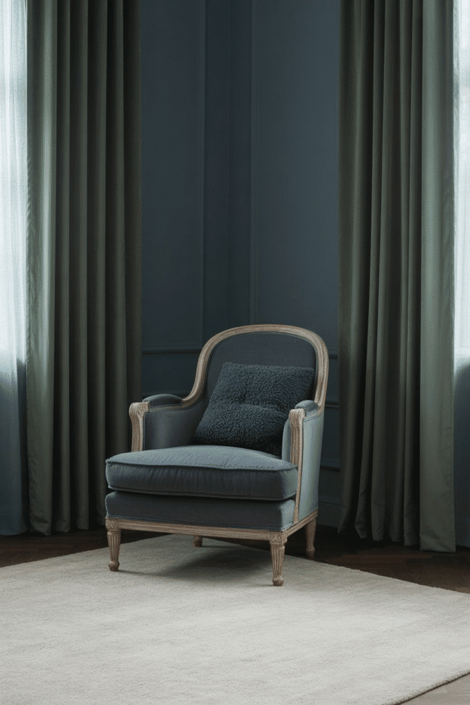 Dark green drapes enhance the moody, dramatic tone of the bedroom while adding texture.