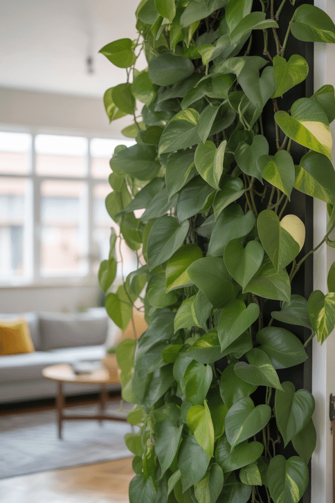 As a a[part of best plants for living wall indoors this picture shows pothos plants with trailing variegated leaves on an indoor living wall in a bright room.