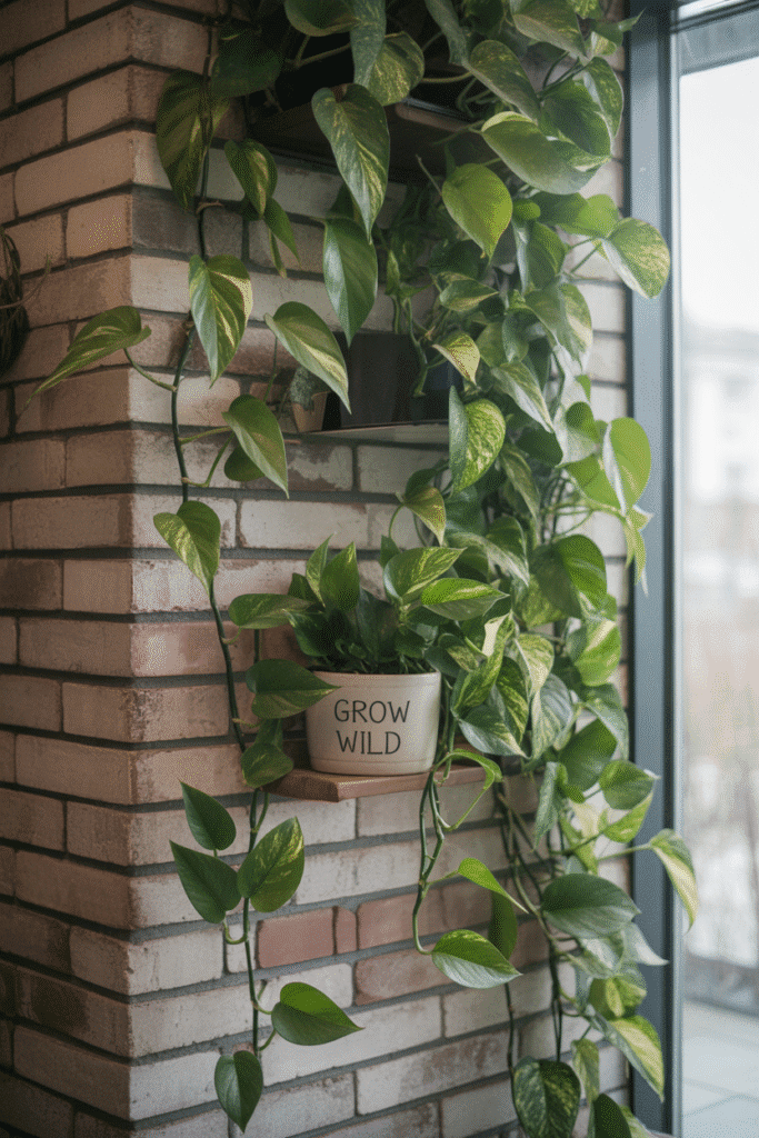 Pothos plants with trailing variegated leaves on an indoor living wall in a bright room.
