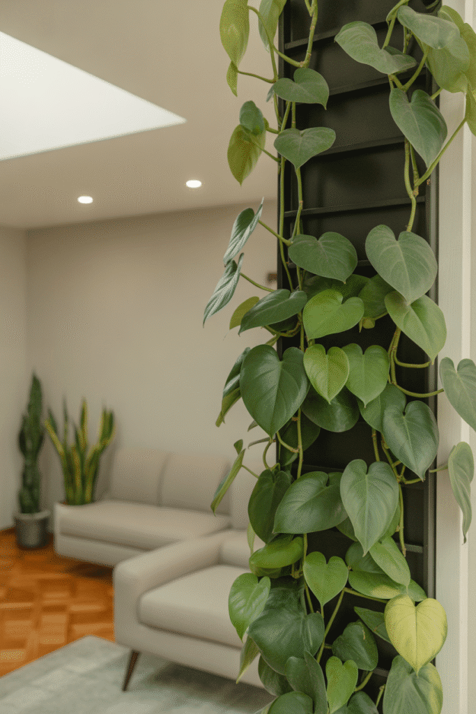 Philodendron vines with heart-shaped leaves growing on an indoor living wall.