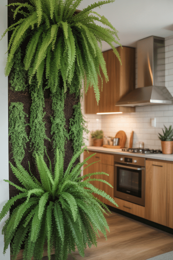 Boston ferns with feathery fronds adding texture to an indoor living wall.
