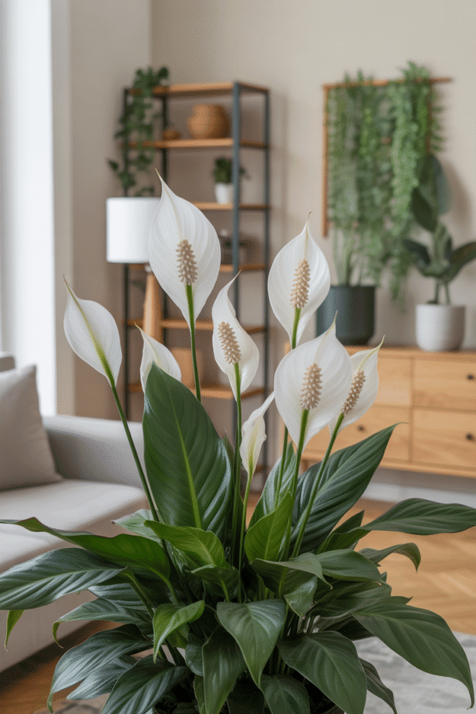 Peace lilies with white flowers on an indoor living wall in a bright home.