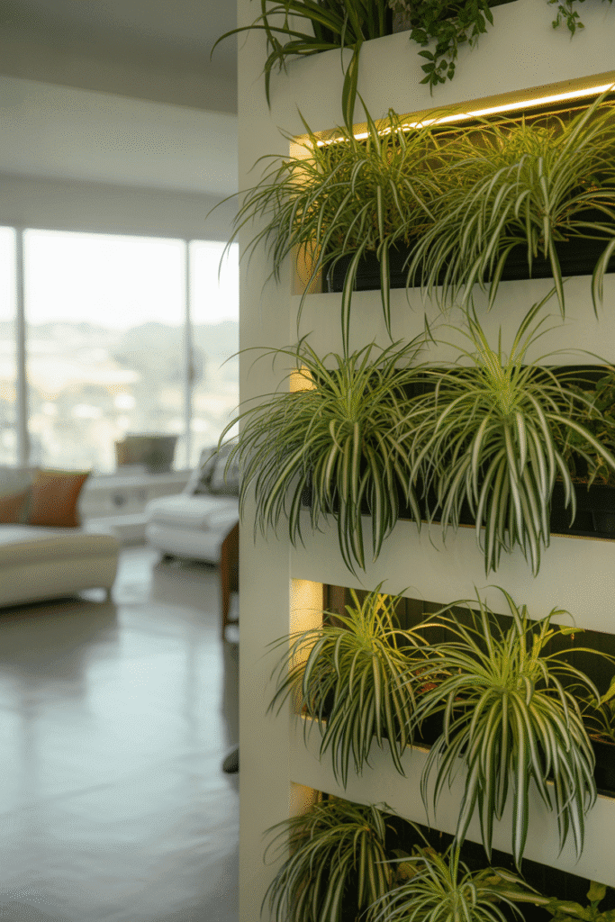 Spider plants with striped leaves adding movement to an indoor living wall.