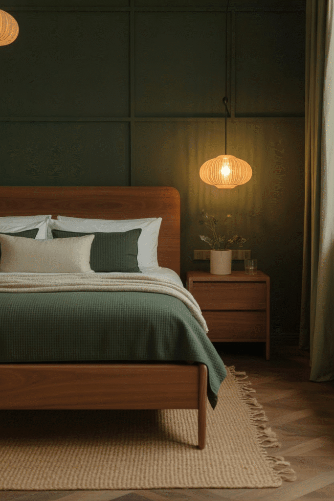 Wooden furniture softens the richness of dark green walls, creating earthy balance.