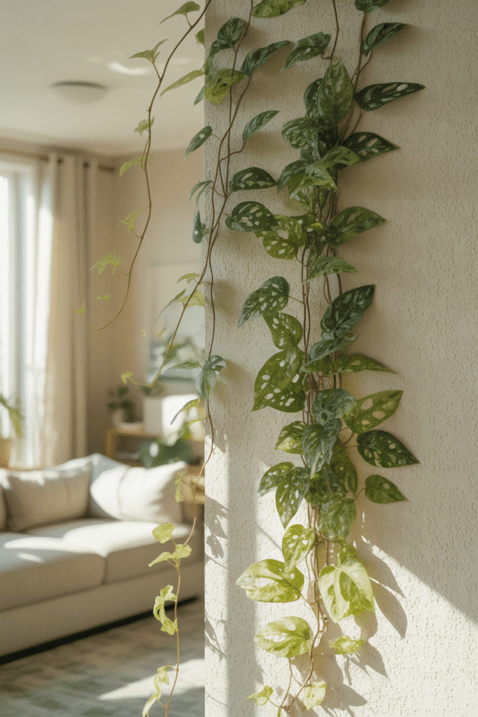 Swiss cheese vine with perforated leaves on an indoor living wall.