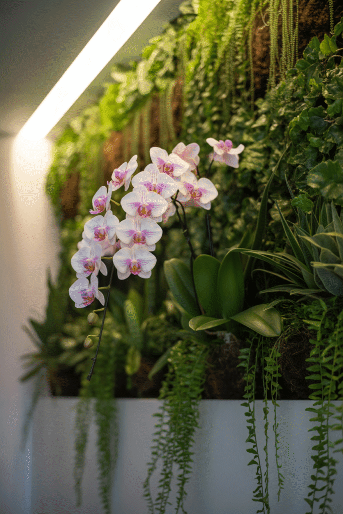 White and pink orchids blooming on an indoor vertical garden.