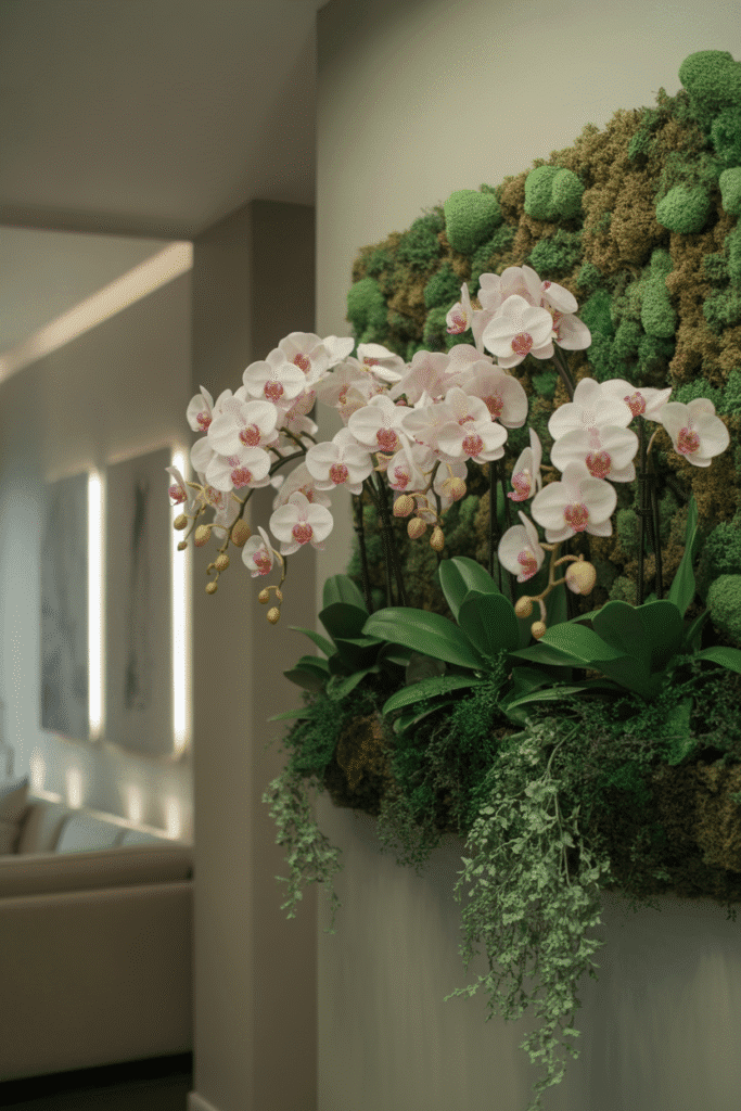 White and pink orchids blooming on an indoor vertical garden.