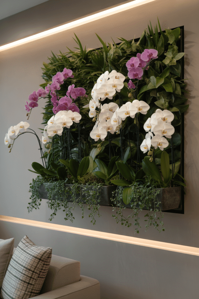 White and pink orchids blooming on an indoor vertical garden.