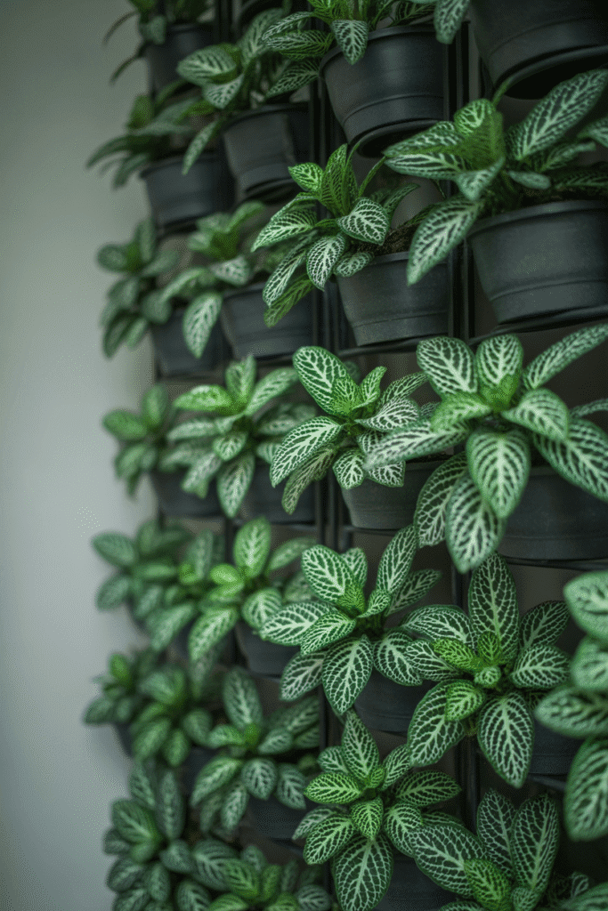 Fittonia nerve plant with striking veined leaves on an indoor green wall.