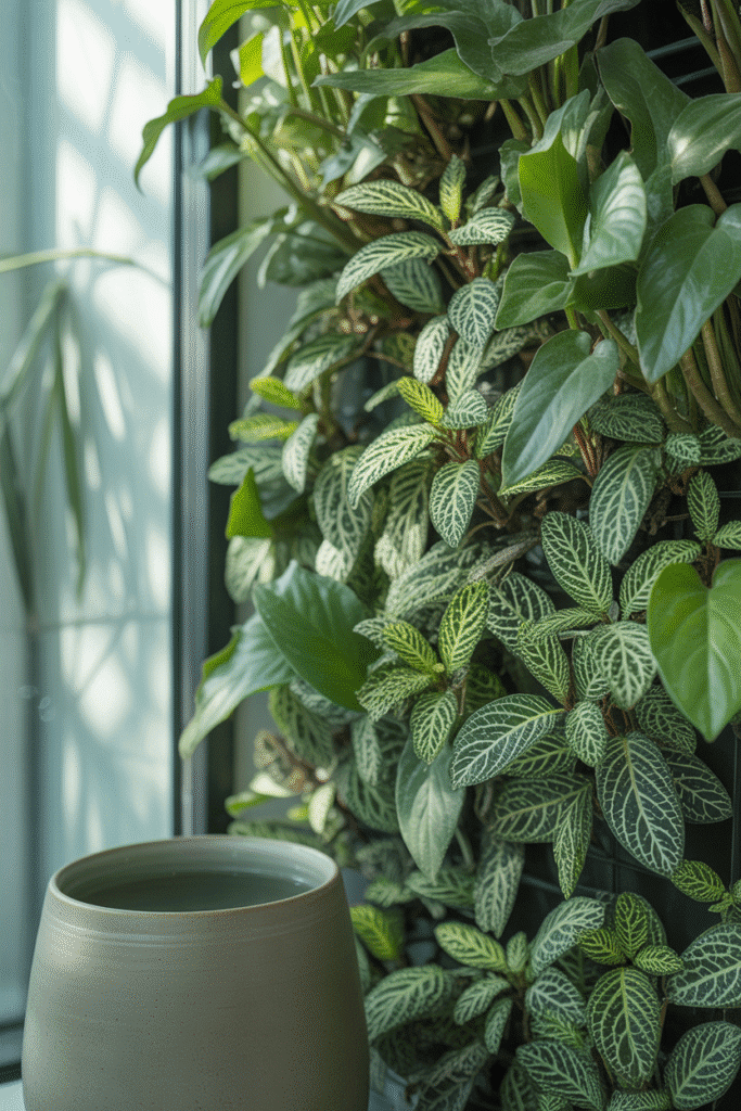 Fittonia nerve plant with striking veined leaves on an indoor green wall.