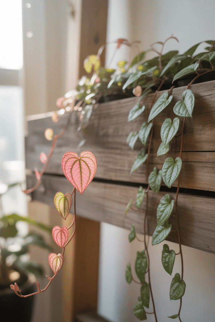 String of hearts vines with delicate heart-shaped leaves hanging from an indoor wall garden.