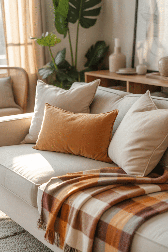 As a part of transition decor from summer to fall this picture shows a sofa with mixed summer and fall throw pillow covers in warm seasonal tones.