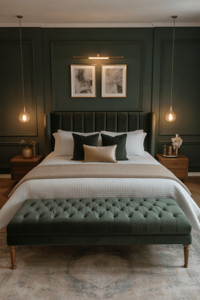 A dark green accent bench adds cohesive elegance and additional seating to the space.