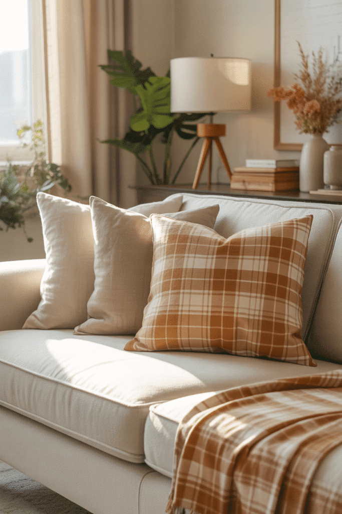 Sofa with mixed summer and fall throw pillow covers in warm seasonal tones.