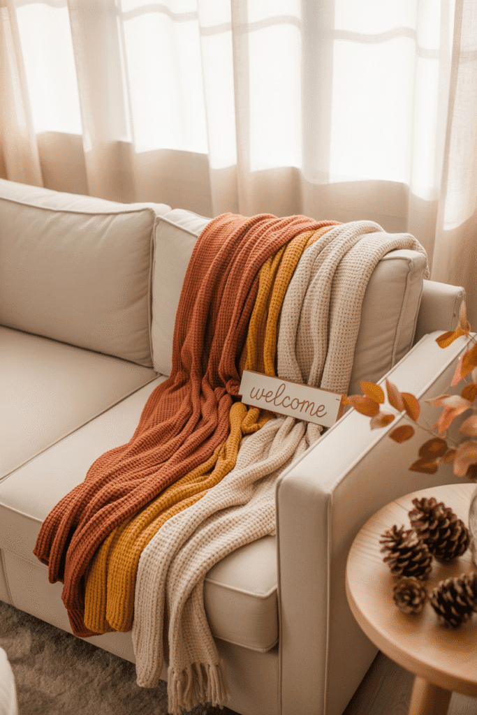 Layered knit throws in warm colors draped over a sofa for seasonal transition.