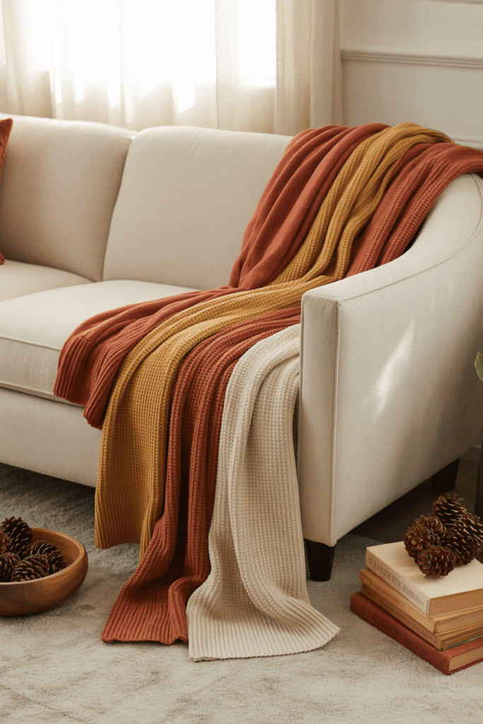 Layered knit throws in warm colors draped over a sofa for seasonal transition.