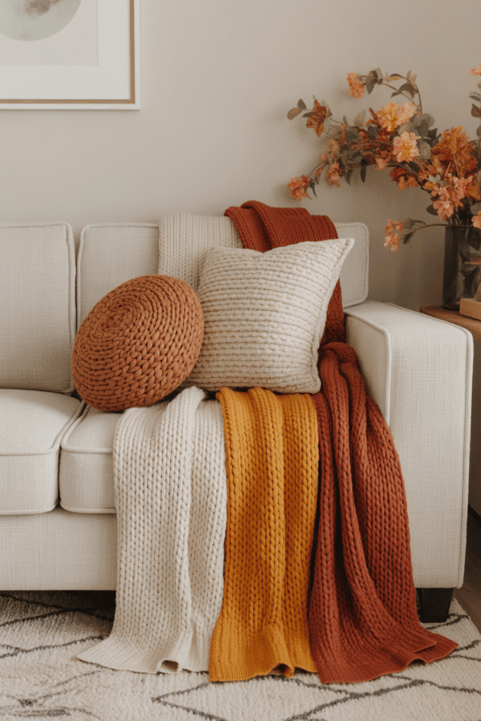 Layered knit throws in warm colors draped over a sofa for seasonal transition.