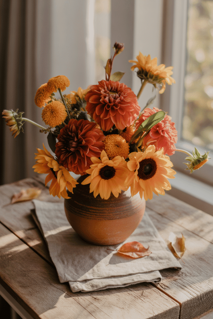 Warm-toned floral arrangement with dahlias, marigolds, and sunflowers for fall.