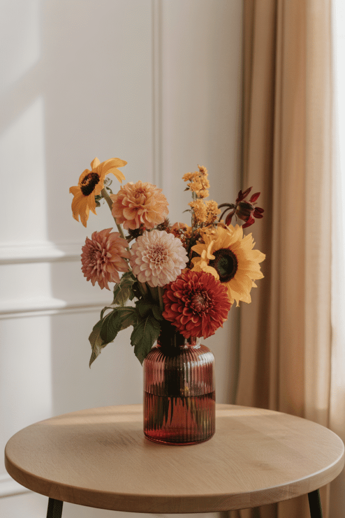 Warm-toned floral arrangement with dahlias, marigolds, and sunflowers for fall.